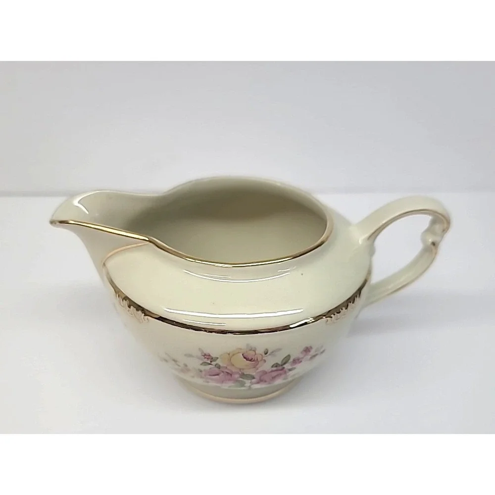 Bavaria Germany US Zone Sugar & Creamer-Ivory w/Pink/Yellow Flowers-Gold Trim